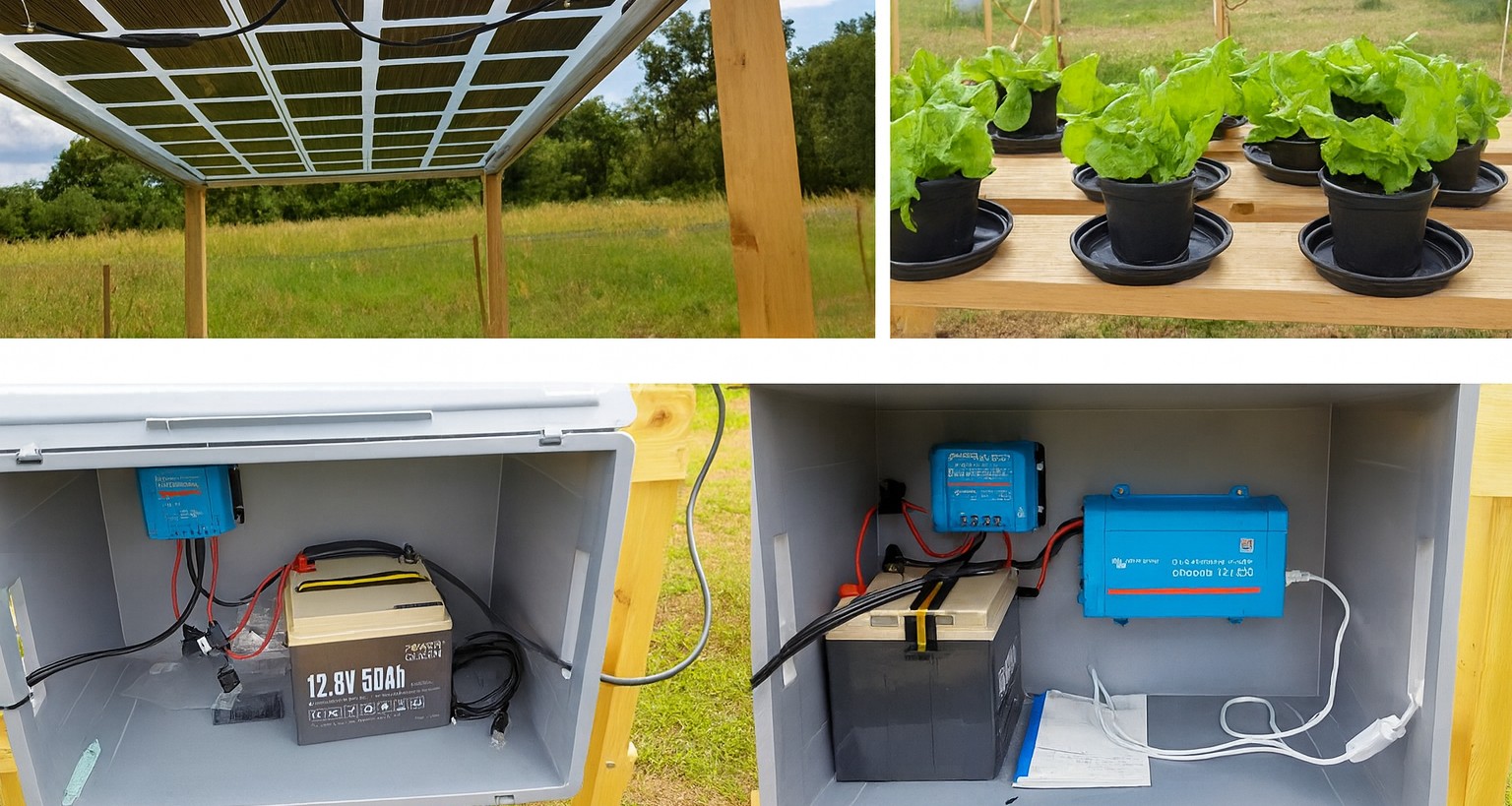 Vier Detailaufnahmen der Versuchsanlage: Modul von unten, Salatpflanzen in Töpfen, Gehäuse mit Laderegler und Batterie, Gehäuse mit Laderegler, Batterie und Wechselrichter